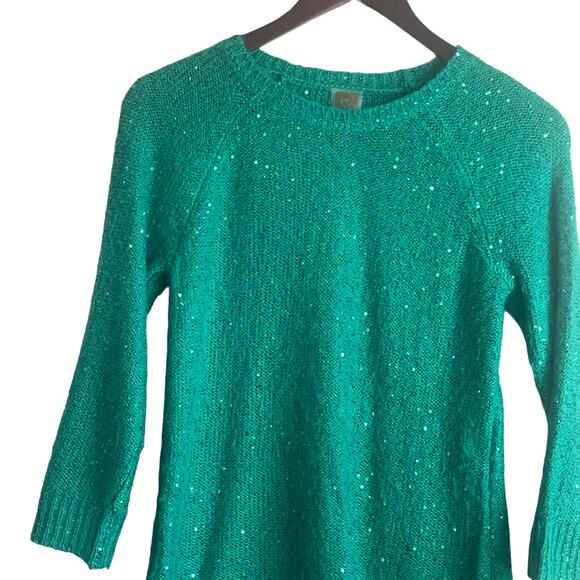 Anne Klein Sweater Women S Kelly Green 3/4 Sleeve Sequins Holiday Festive Party - Picture 8 of 11